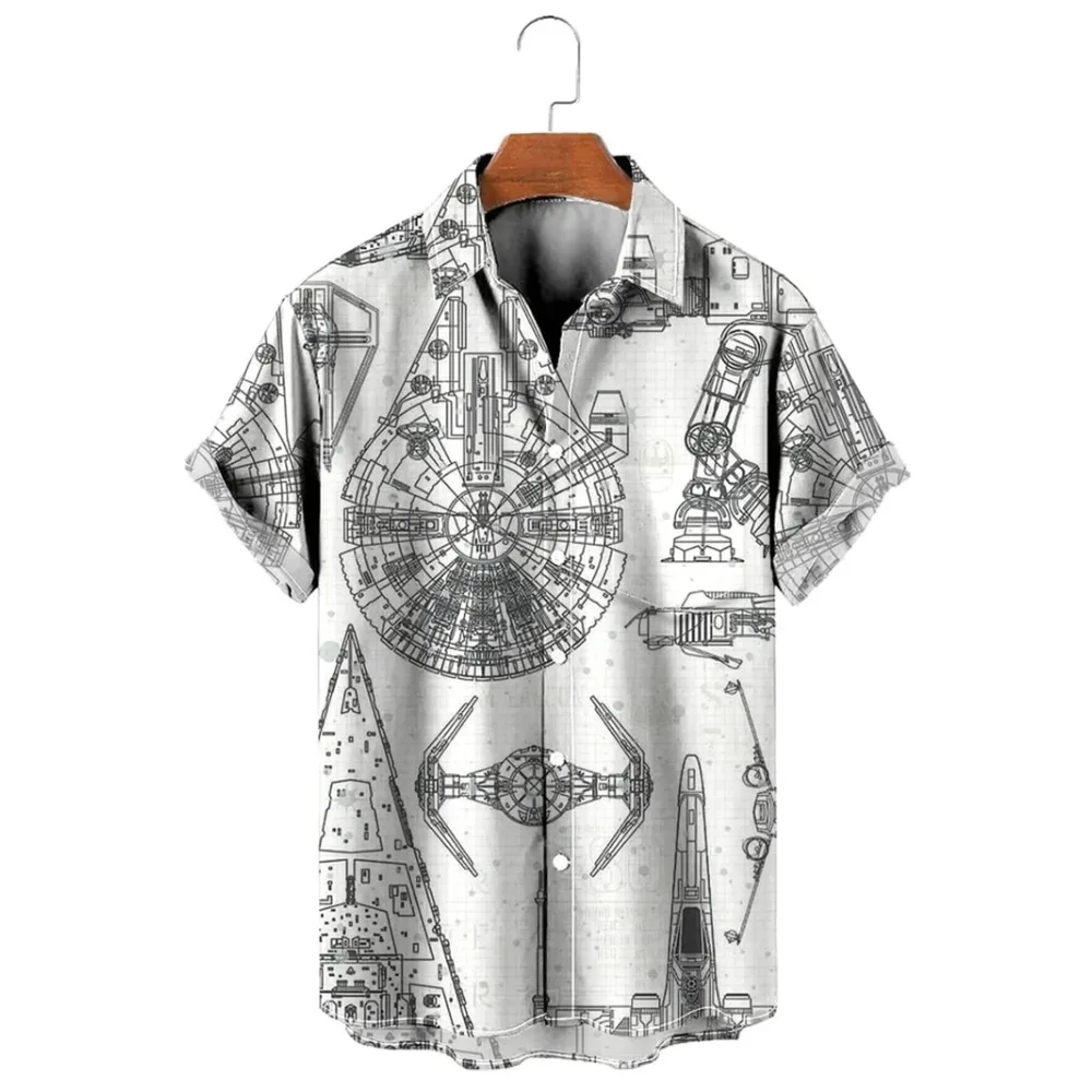 Retro Harajuku Blue Space War Planet Robot Short Hawaiian Casual Shirt Men with Print Vintage Floral Stylish Fit Men's Clothing 3