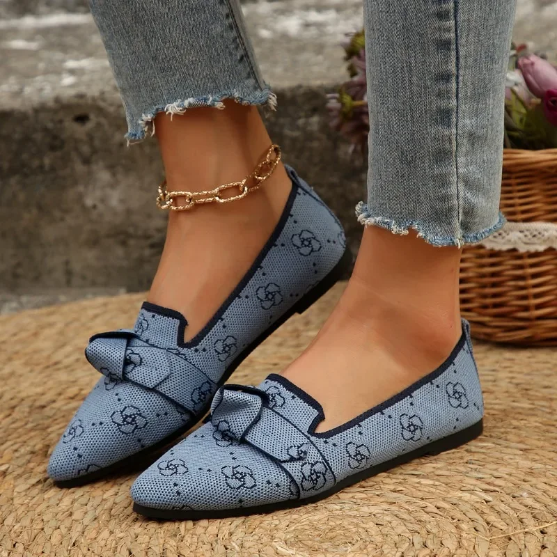 2024 Women's Knitted Slip on Flats Breathable Comfortable Solid Color Flat Shoes Casual Pointed Toe Walking Shoes Women Loafers 3