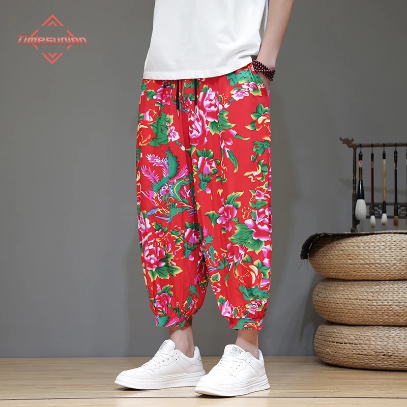 

Этнический стиль лето свободные лодыжки длина брюки повседневные брюки мужчины Hallen брюки большой цветок мешковатые брюки Oversize мужские брюки