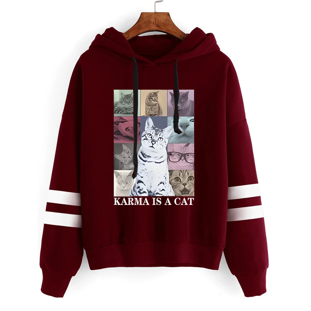Karma Is A Cat 그래픽 후드티 남녀공용, 빈티지 클래식 스트리트 스타일 스웻셔츠, 재미 있고 귀여운 고양이 애호가 패션 캐주얼 후드티