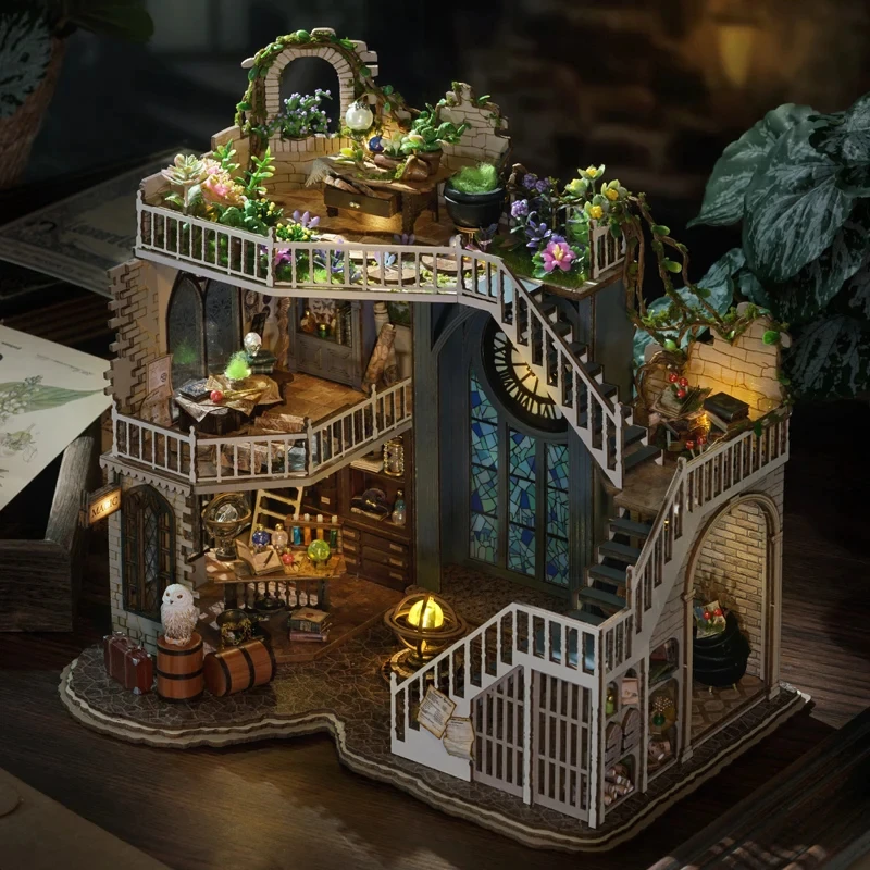 CUTEBEE DIY Miniature Dollhouse Magic Cathedral Wooden Doll House Kit with Furniture Roombox Magic Academy Toy for Birthday Gift 2