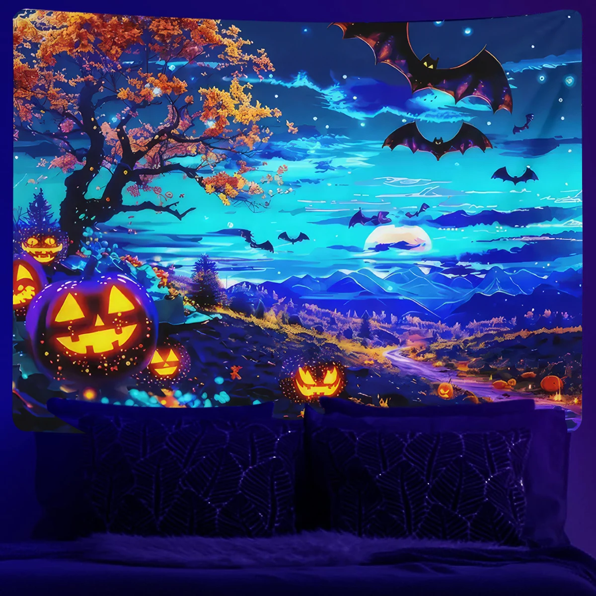 Large UV Reactive Forest Ghost & Pumpkin Tapestry Wall Hanging Halloween Decoration Blacklight Bats Night Sky Home Room Decor