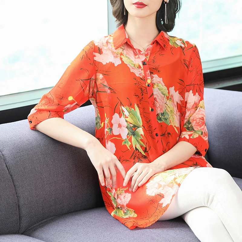 

Summer Floral Chiffon Polo Collar Blouses 2023 New Fahsion Light Beach Style Shirts Women Korean Elegant Bodycon Causual Shirts