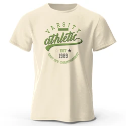 Unisex Vintage Graphic Varsity Cotton T - Shirt - Short Sleeve - L (Beige)