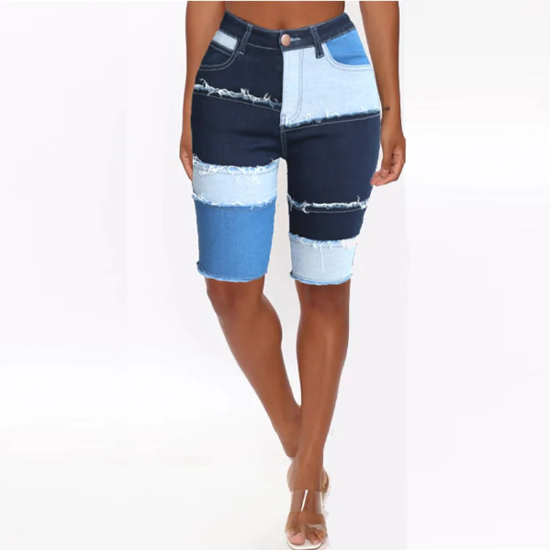 paperbag shorts GBYXTY Sexy Blue Patchwork Skinny Stretchy Denim Shorts Women Summer High Waist Tassel Knee Length Jean Shorts Hotpants ZL1497 short pants