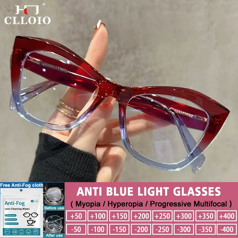 CLLOIO Square Cat Eye Oversize Frame Reading Glasses Premium Vintage Women's Myopia Glasses Progressive Prescription Eyeglasses