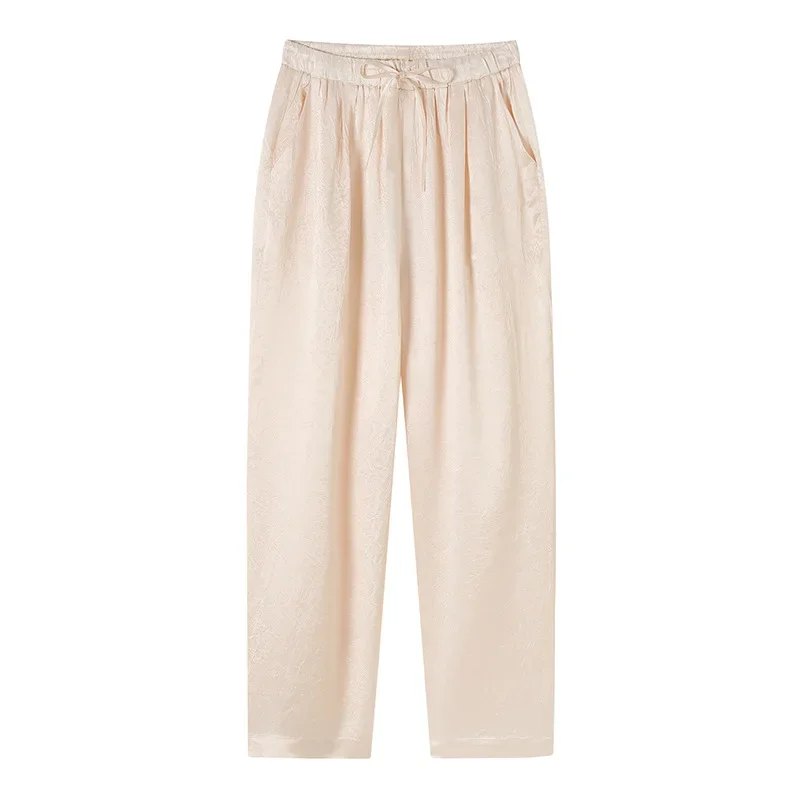 2023 Summer New Women's Fashion Casual Wide Leg Pants Small Tall Waist Draping Acetate Fabric Wrinkled Straight Leg Pants
