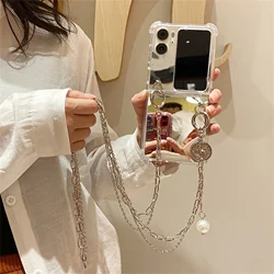 Korean Crossbody Lanyard with Silver Metal Beads Bracelet and Mirror Finish Case for Find N3 Flip (A)