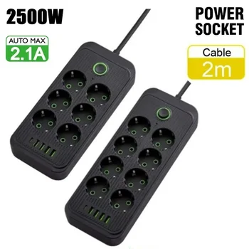 2M Extension Cord EU Plug AC Outlets Multitap Socket Electrical Power Strip With USB Type C Fast Charging Network Filter Adapter 1