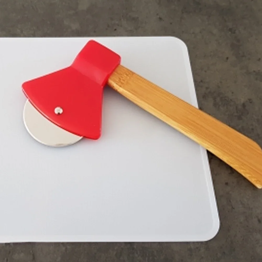Pizza Cutter Axe Bamboo Handle Rotating Blade Home Kitchen Cutting Tool
