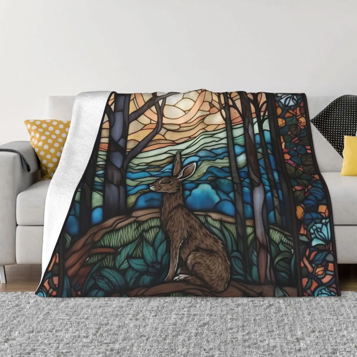 

Stained Glass Hare and Moonbeams Throw Blanket anime Beach Personalized Gift Blankets