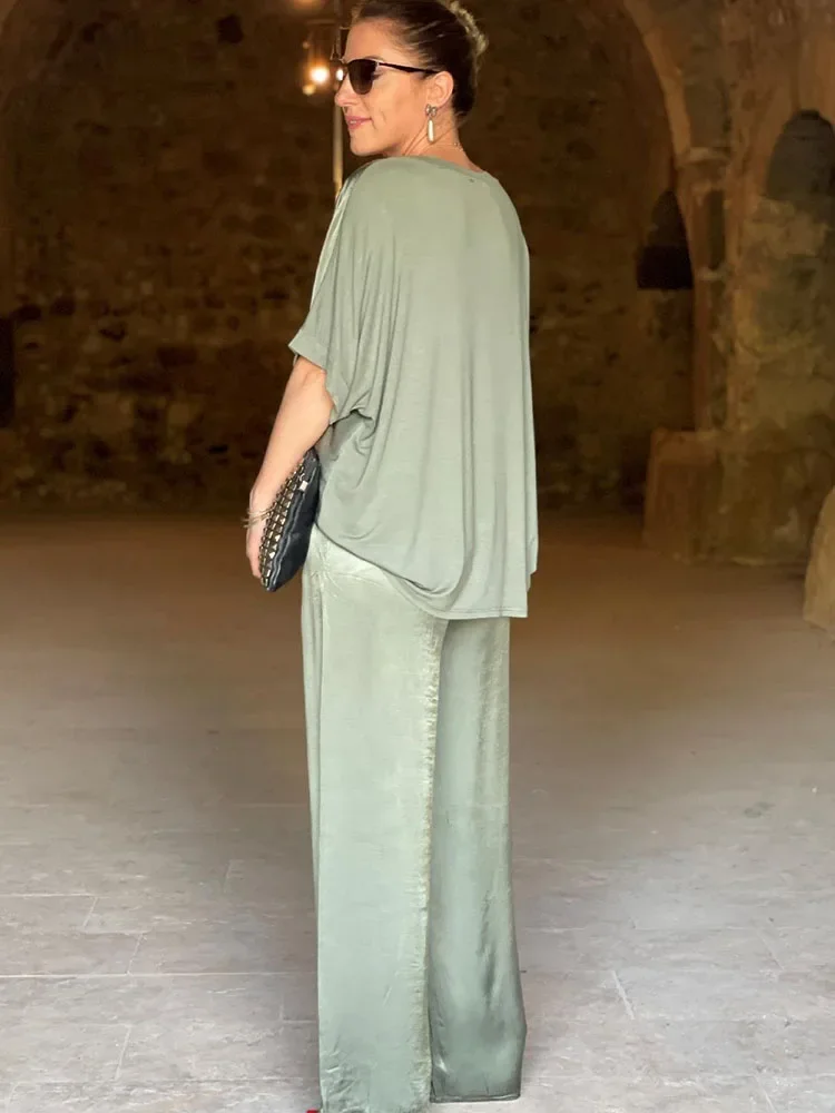 V-Neck Fashion 2-Piece Pants Suit Women's Casual Loose Solid Color Cropped Top and Women's Pants Set Women's Pants Suit