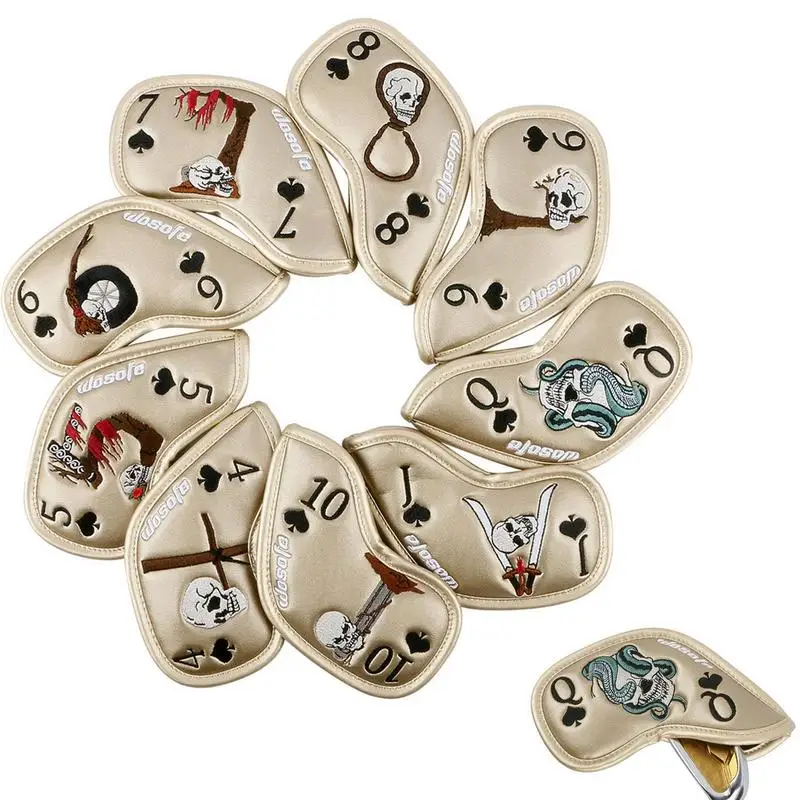 

Чехлы для гольф-клуба, 9 шт., чехлы для головы для гольфа с вышитым черепом, Клубные этикетки, головные уборы для водителя, аксессуары для гольфа для мужчин, защитные ваши