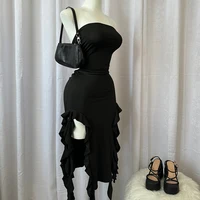 Women Strapless Sexy Floral Fold Hemline High Slit Mini Dress 2024 Solid Backless Sleeveless Black And Pink Party Dress Vestidos - Image 6