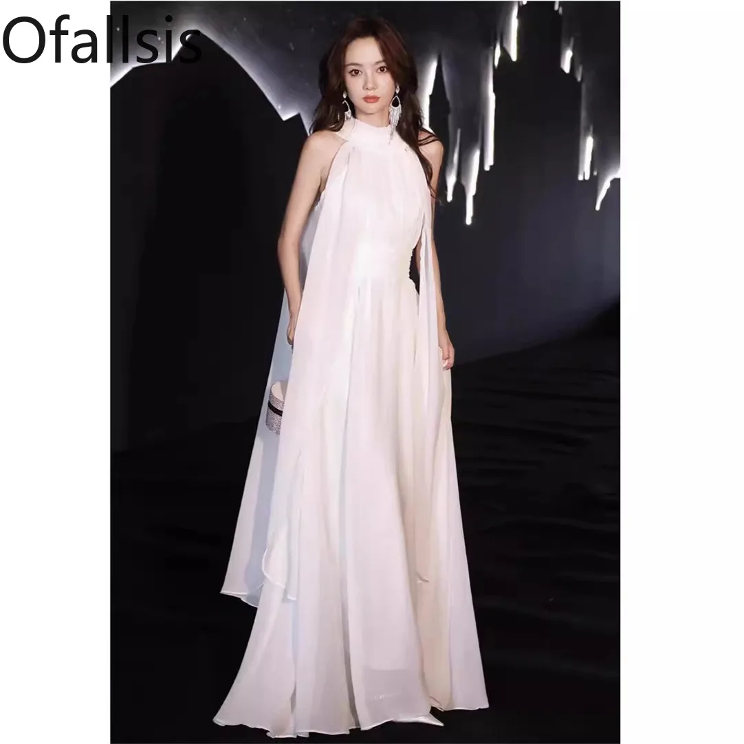 

Ofallsis Stand Neck Evening Dress 2024 Summer New Women's Banquet Light Luxury Graduation Class Uniform White Dresses Adult Gift