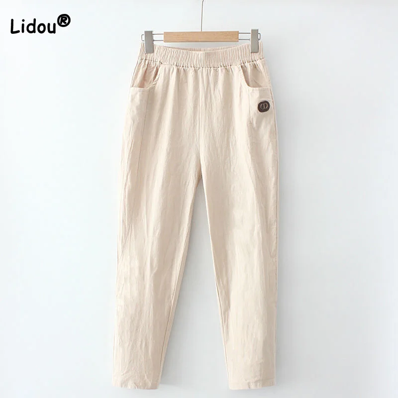 Spring Summer Women Elastic Higt Waist Solid Color Appliques Trousers 100%Pure Cotton Pockets Casual Nine Points Harem Pants 4XL summer driving thin sheepskin gloves men s single leather unlined rayon lining spring autumn outdoor motorcycle riding points