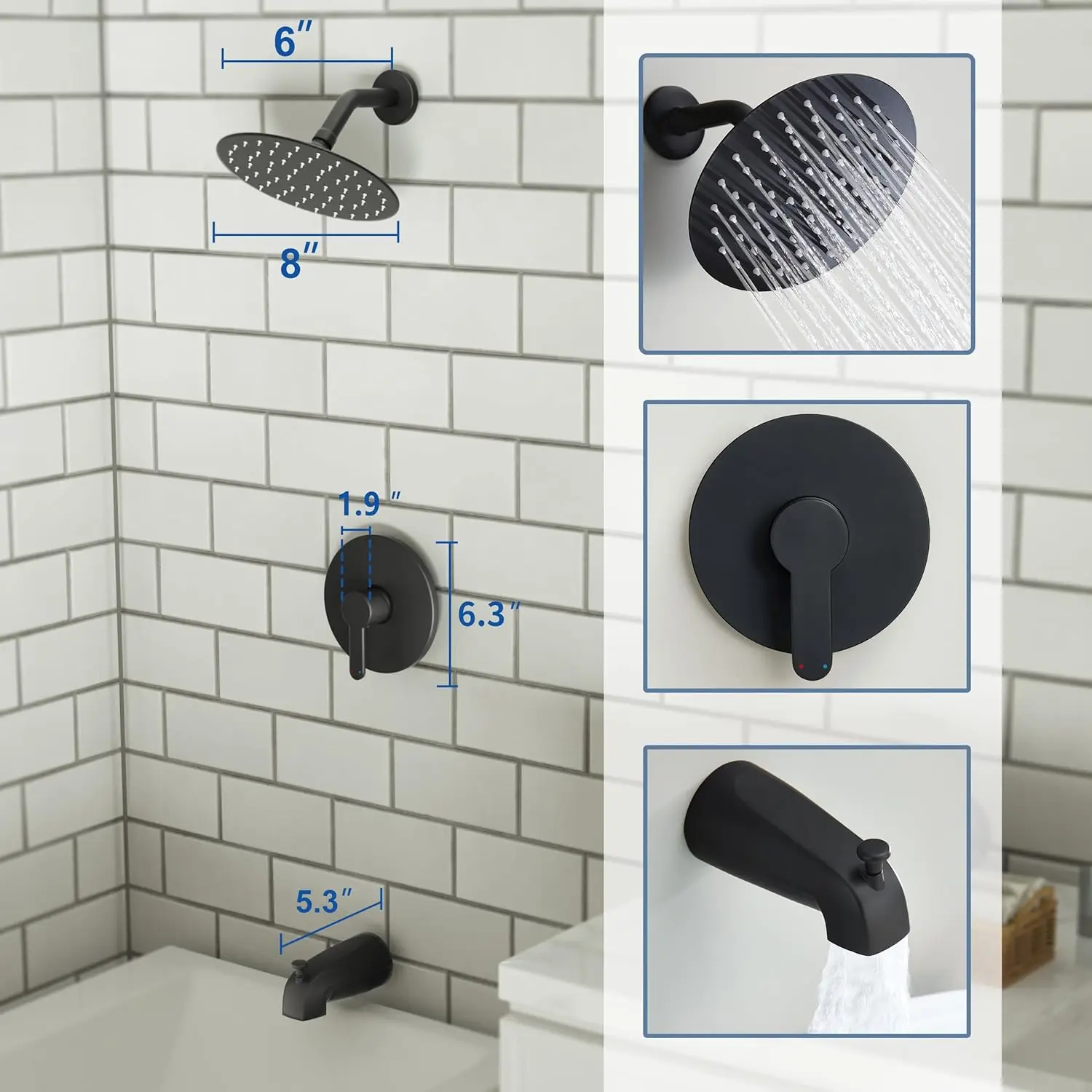 Matte Black shower faucet Set, 8-inch rain shower head and bathtub head, shower tub faucet set complete, bathtub shower trim kit 3
