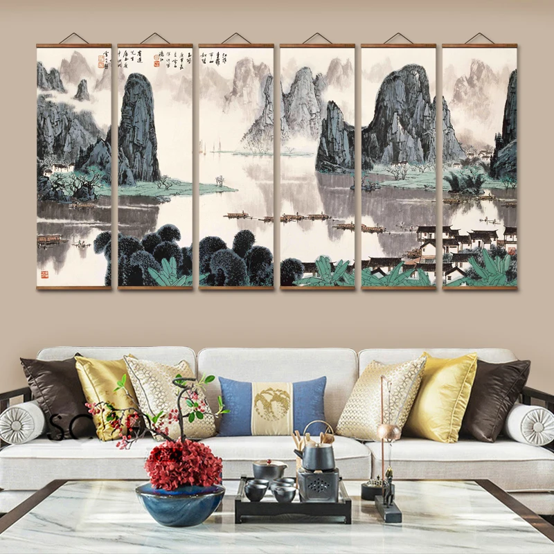 

AS2035 Chinese Li River Spring Landscape Decorative Wall Art Canvas Posters Solid Wood Scroll Paintings