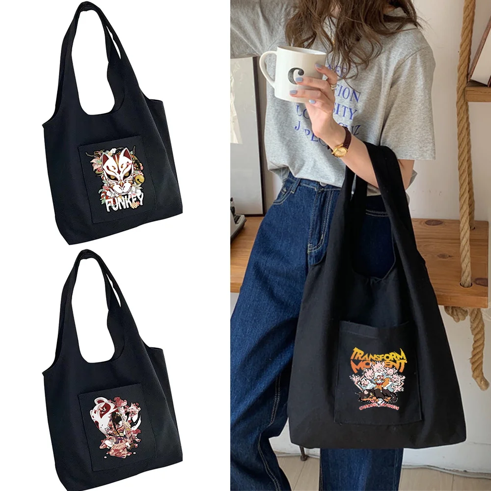 Ladies Commuter Shopping Bag Canvas Shopping Vest Bag Cotton Mask Collection Wild Bolsas Tote Bags Groceries Black Eco Tote Bags