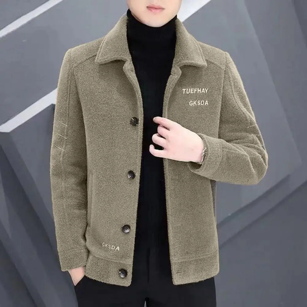 

Button-up Men Coat Warm Plush Coat with Embroidery Letter Print Men's Lapel Jacket for Autumn Winter Featuring Long Sleeves