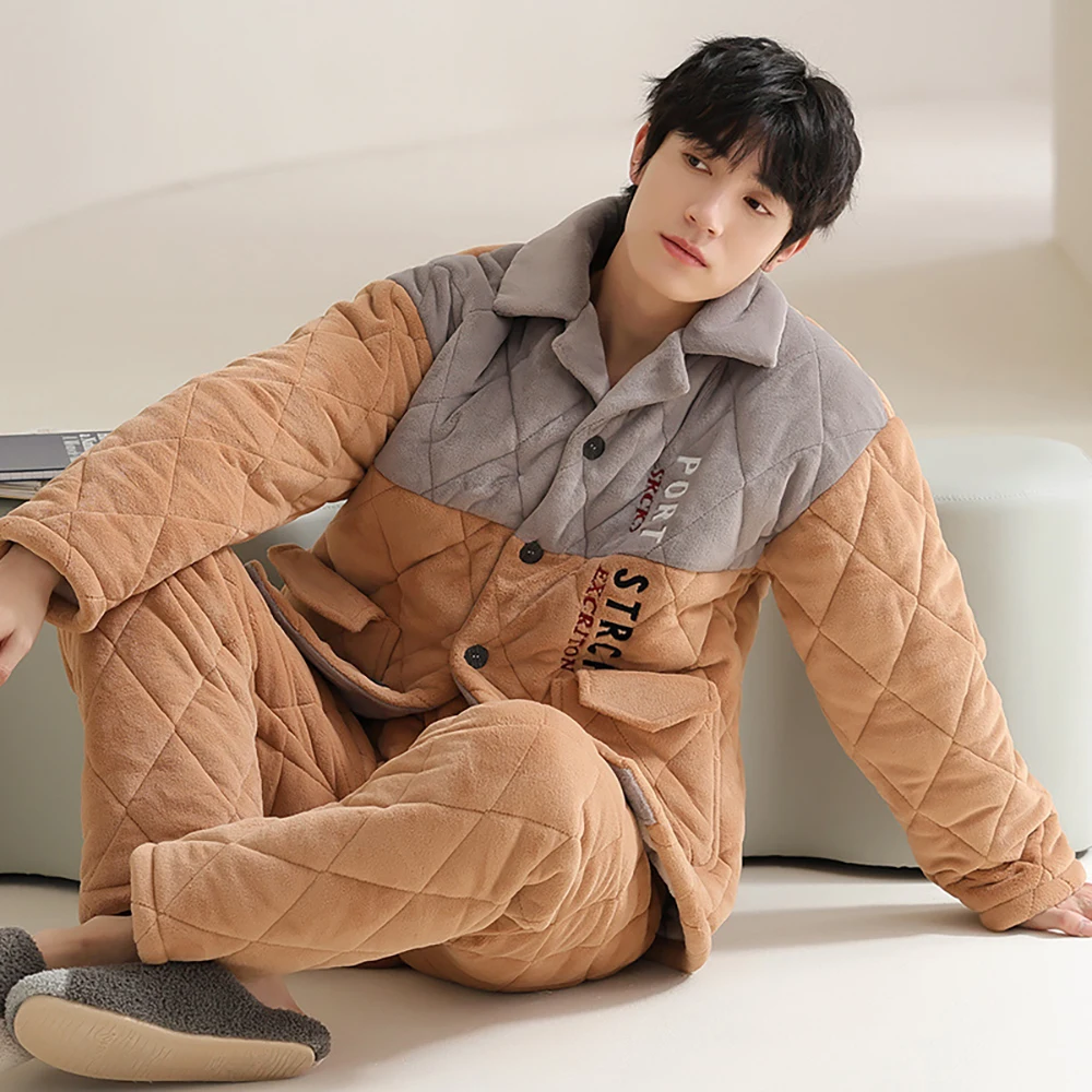 Big Size Pajamas for Men 3-layer Super Thicken Coral Fleece Men's Winter Pajamas Sets Fashion Patchwork Sleepwear Pijama Hombre