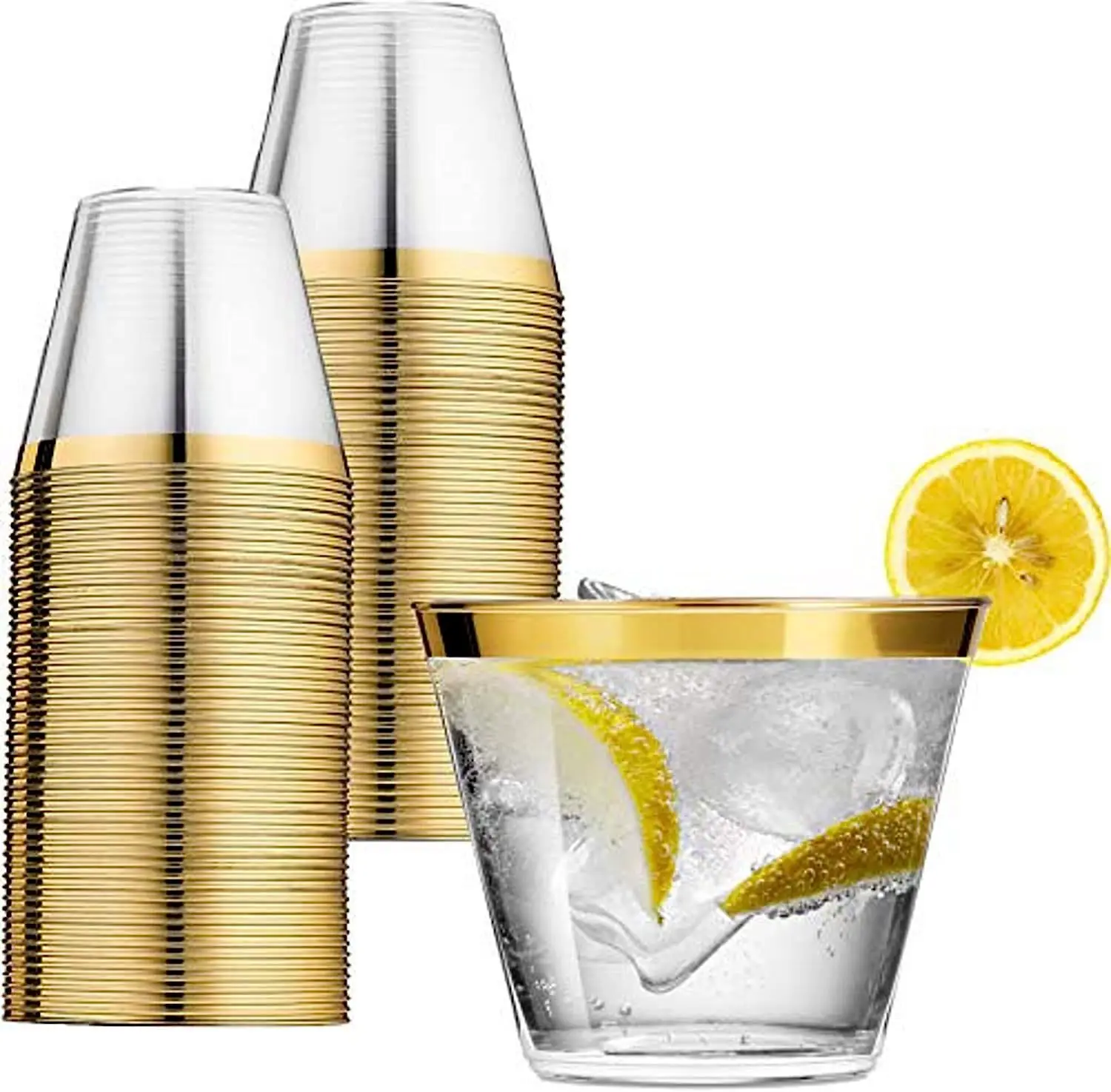 

25pcs Disposable Golden Plastic Cup 9Oz Hard Cup Plastic Wine Glass Party Christmas Wine Transparent Plastic Cup With Gold Rim