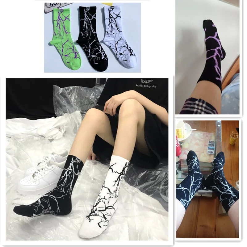 3 Pairs Cotton Sock Harajuku Skate Long Socks Lightning Hip Hop Style Socks Streetwear Unisex Street Funny Happy Couple Socks