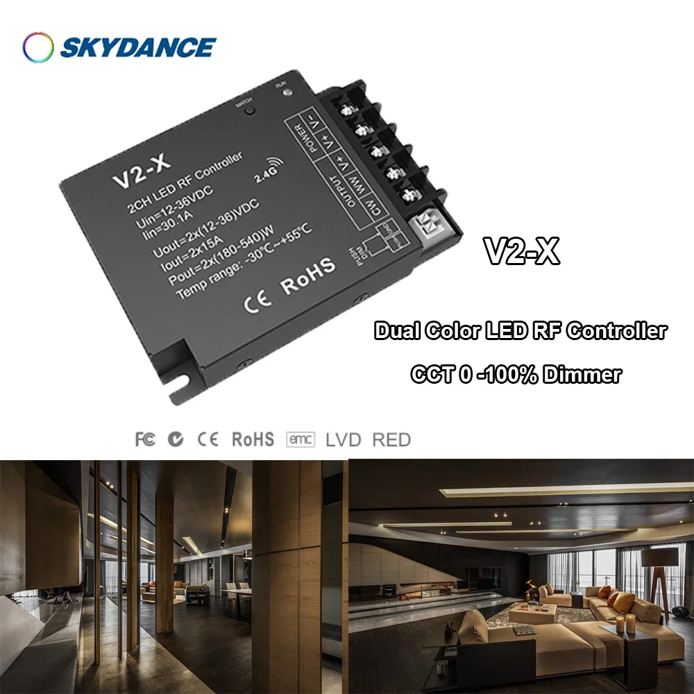 

DC12-36V V2-X 2.4GHzRF + Push Dim Constant voltage PWM Frequency 0-100% Without flash CCT Dual Color LED Dimming Controller