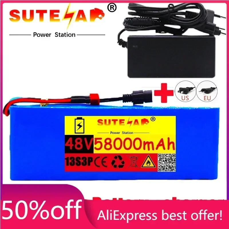 

2021, new 48V Li ion battery 48V 58ah 1000W 13s3p Li ion battery pack for 54.6V E-bike electric scooter with BMS + charger