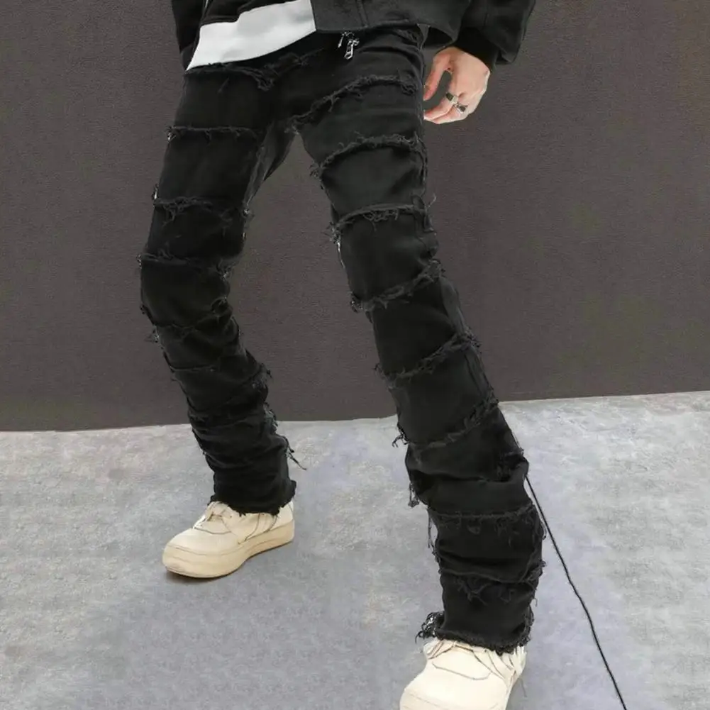 

Straight Leg Denim Pants Stylish Men's Mid-rise Ripped Denim Jeans with Slim Fit Straight Leg Burr Edge Detailing Hip Hop for A