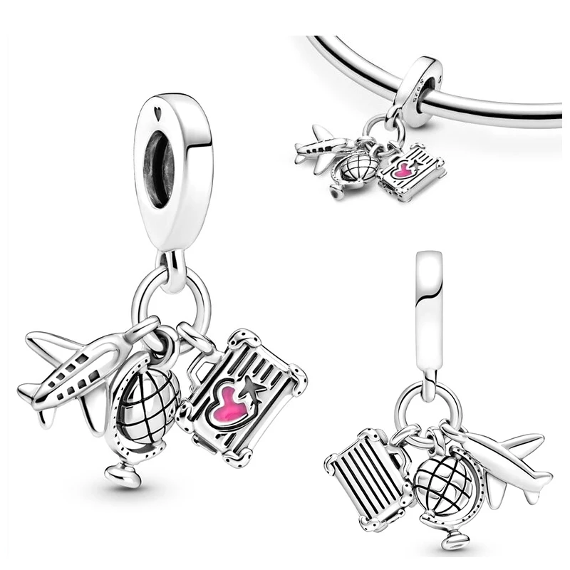 Fit 3mm Original Bracelet Women 925 Sterling Silver Airplane Luggage Passport Travel Three-Piece Charms DIY Fine Jewelry Gifts 2