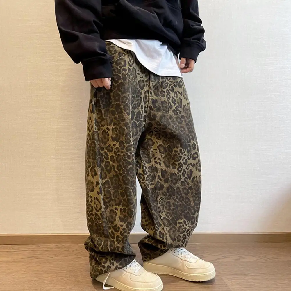 Men Pants Loose Deep Crotch Retro Men Trousers Hip Hop Leopard Print Full Length Long Trousers
