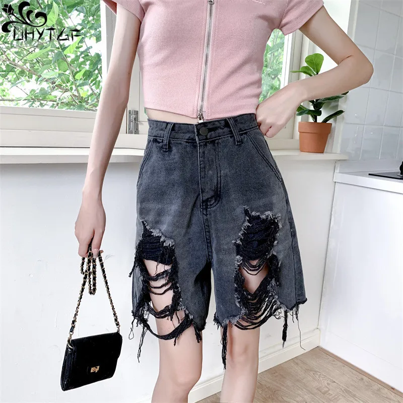 

UHYTGF Ripped Denim Shorts Women's Summer New High-Waisted Spice Girl Loose Wide Leg Straight Tube Raw Edge Female Jeans Shorts