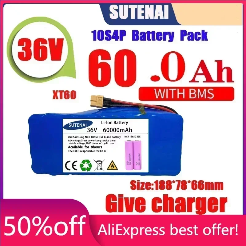 

Original 36V battery 10S4P120Ah battery pack 500W high power battery 42V 120000mAh Ebike electric bike BMS+42V2A Charger