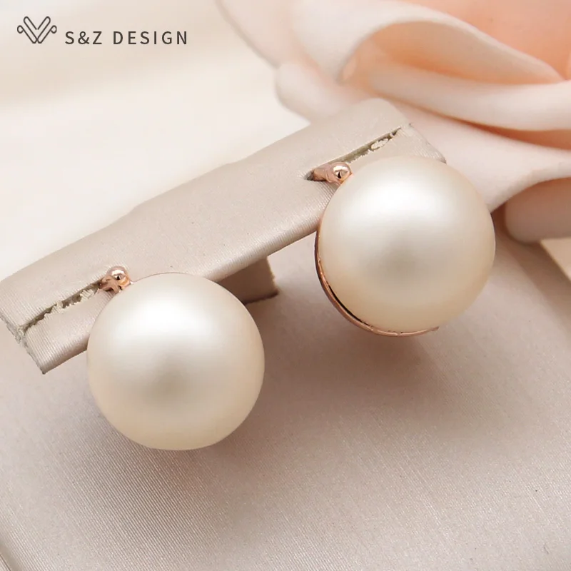 S&Z DESIGN New Fashion Elegant Vintage Round Simulated-pearl Dangle Earrings For Women Jewelry 585 Rose Gold Color Eardrop Gift