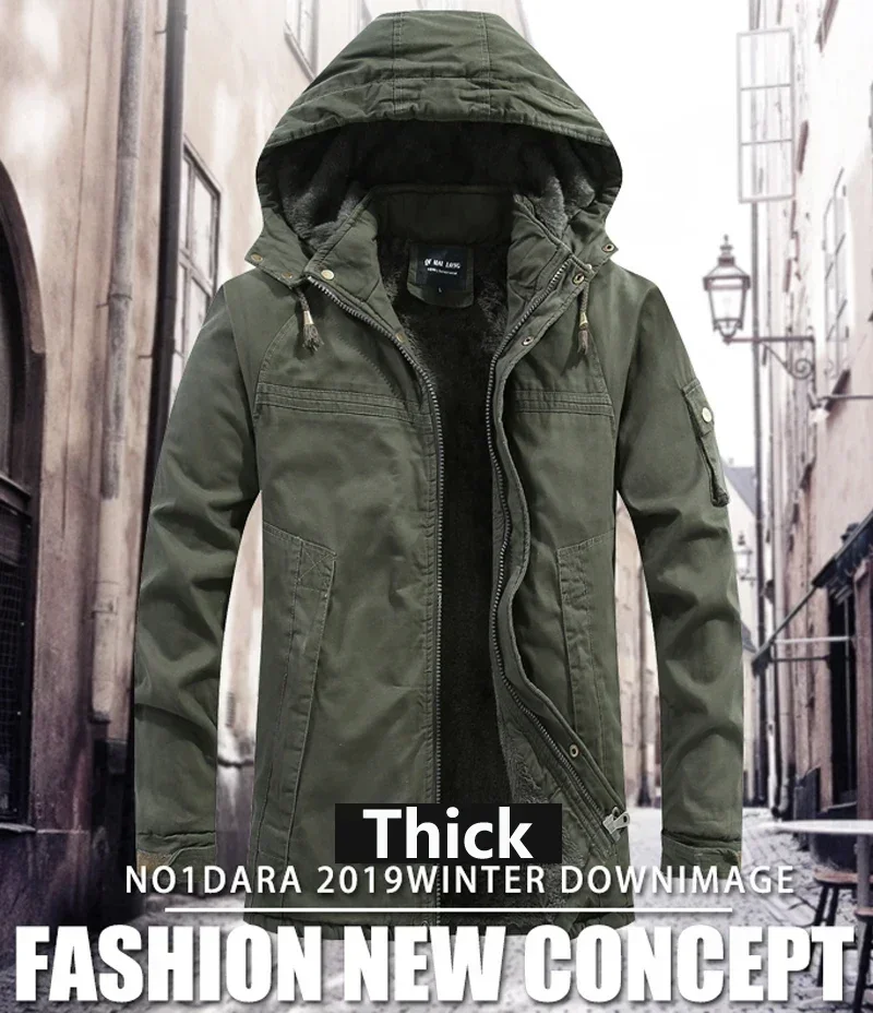 Description Picture 2 of itemWinter Warm Varsity Jacket Thick Fleece Casual Men Parkas Coat Military Windproof Hooded Jackets Man Men Washed Cotton New 2024