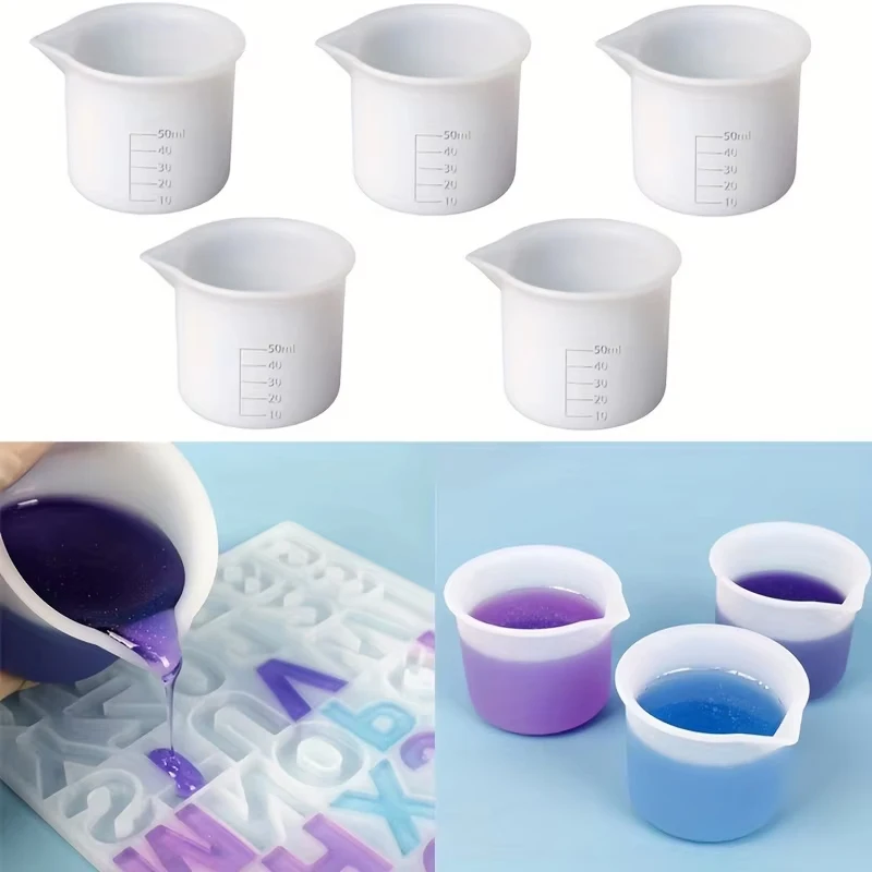 5개 세트 50ml 실리콘 계량컵 도구 원형 실리콘 몰드 투명 눈금 에폭시 분할컵 DIY 레진 몰드 아트용