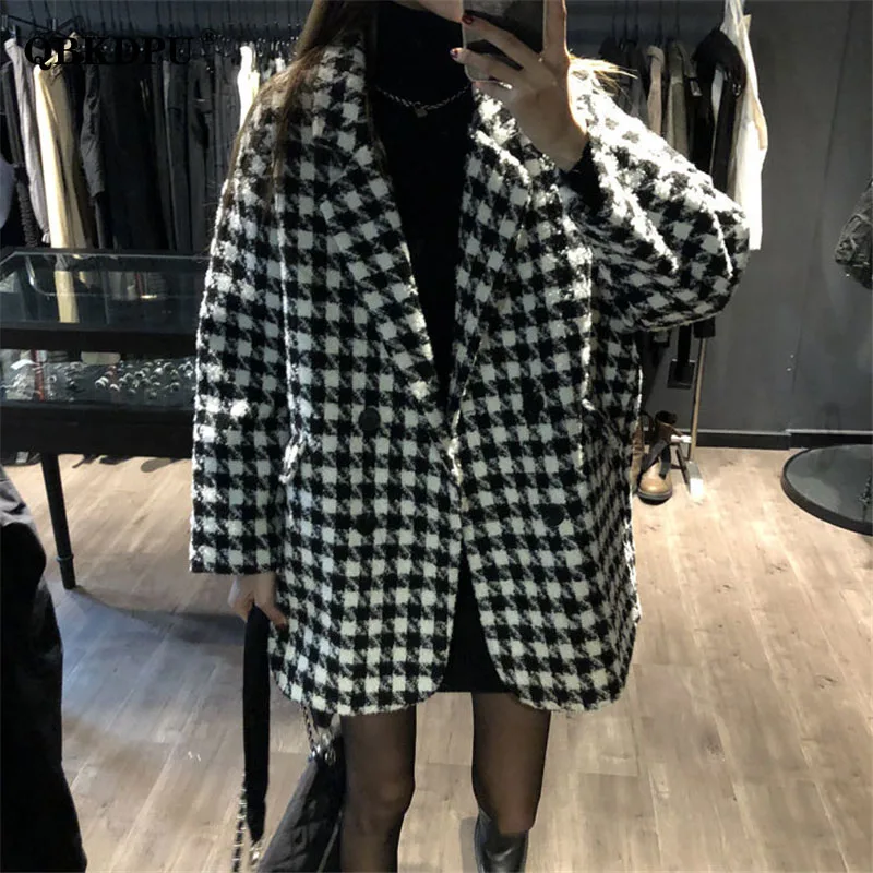 

Autumn Winter Thick Vintage Houndstooth Woolen Coat Women Korean Loose Double Breasted Suit Jacket Elegant Warm Quilted Outwear