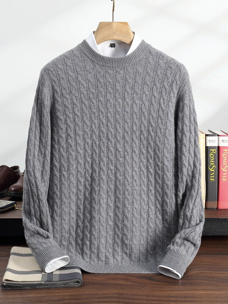 100% Cashmere Sweater Men's Round Neck Knitted Pullover Casual Loose Twist Flower Top Autumn and Winter New Thick Men's Clothing 3
