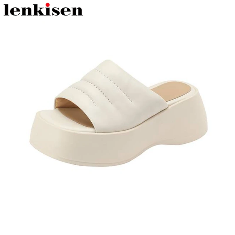 

Lenkisen Sheep Leather Women Summer Mules Thick High Heels Peep Toe Platform Slip On Dating Leisure Slingbacks Solid Ins Sandals