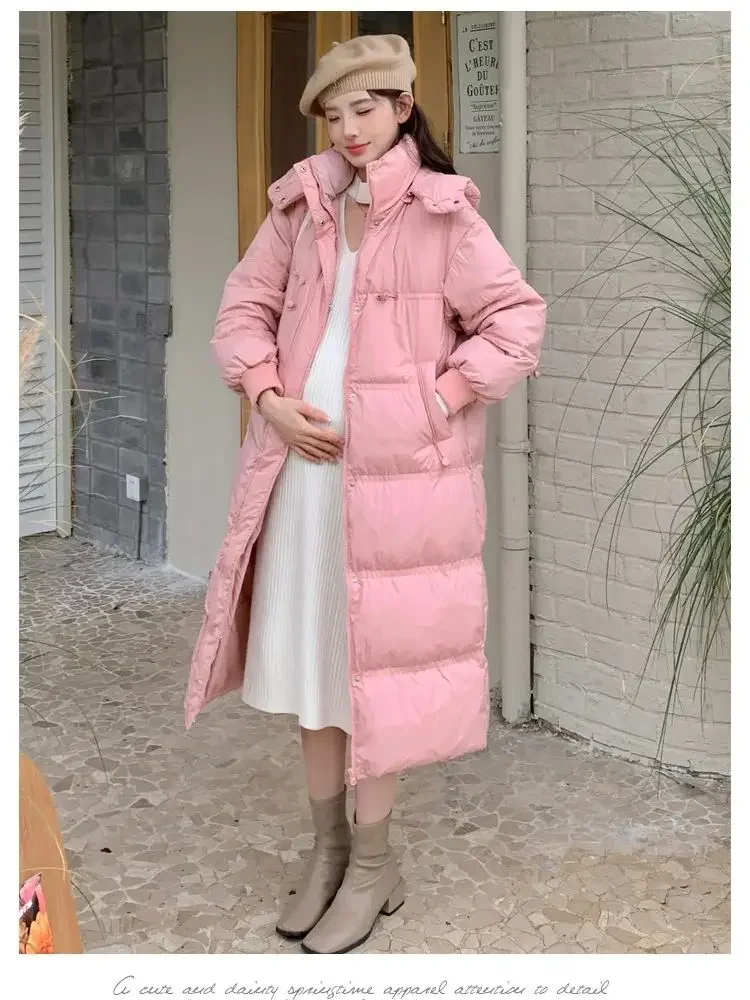 Winter X-long Down Coats for Pregnant Woman Korean Style Loose Fashion Hooded Outerwear Zipper Fly Maternity Cotton Jackets