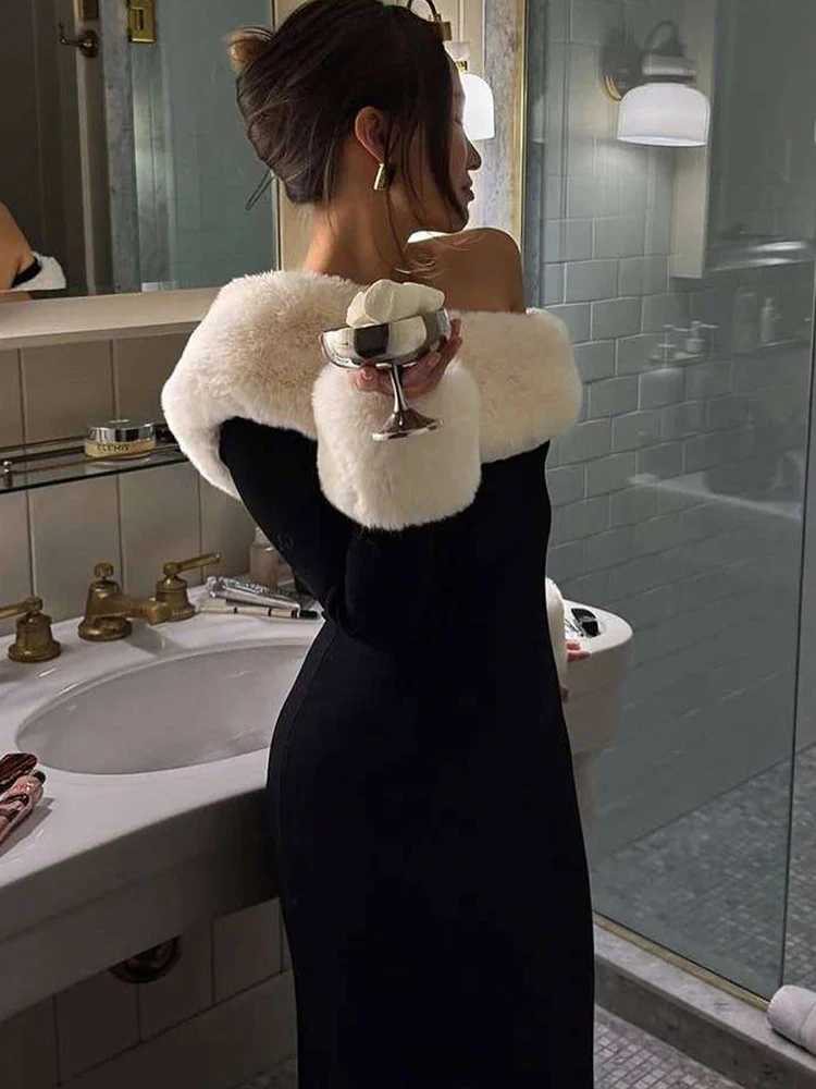Nibber Elegant Christmas Party Maxi Dress Woman Furry Patchwork Winter Trend Skew Collar Full Sleeve Skinny Robe Style Vestidos