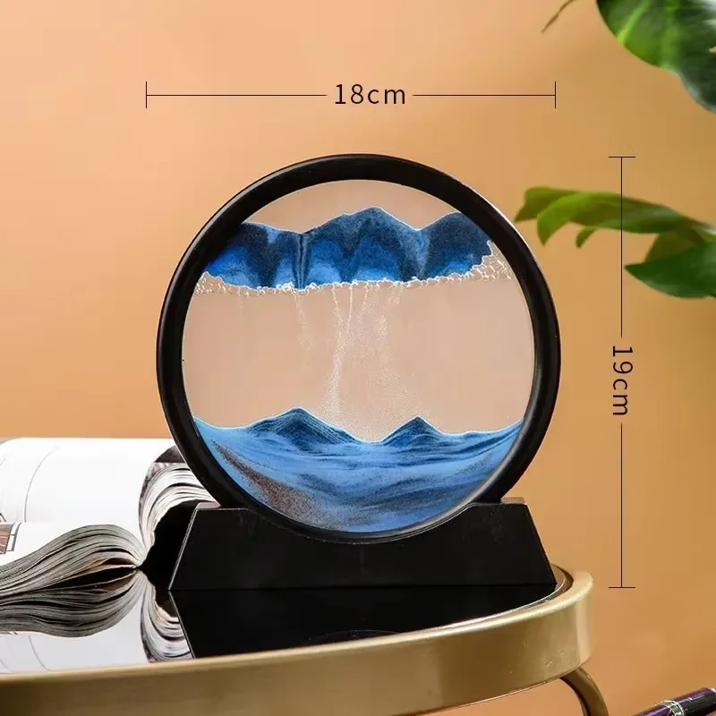 3D Moving Sand Art Picture Round Glass Deep Sea Sandscape Hourglass Quicksand Craft Flowing Painting Office Home Decor Gift 7in