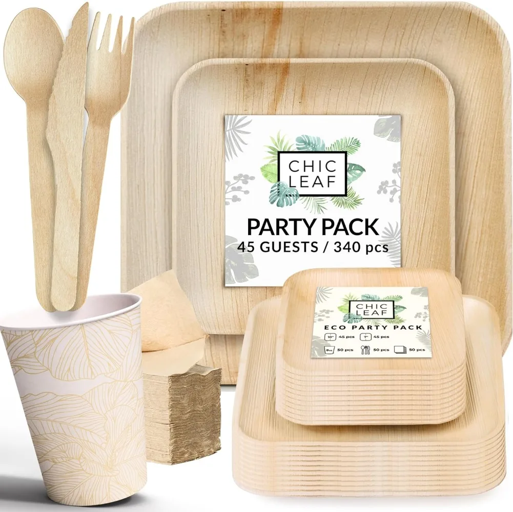 

Chic Leaf Party Supplies Tableware 340 Pcs Bulk Pack for 45 Guests - 100% Biodegradable Palm Leaf Disposable Dinnerware Set