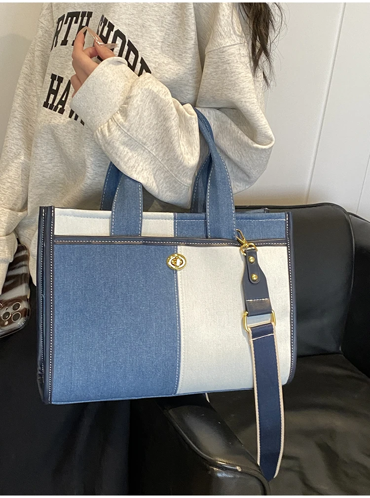 Handbag Woman Fashion Luxury Denim Blue Shoulder Bag Briefcase Messenger Bags Large Capacity Work Study Street Tote Bag Purses