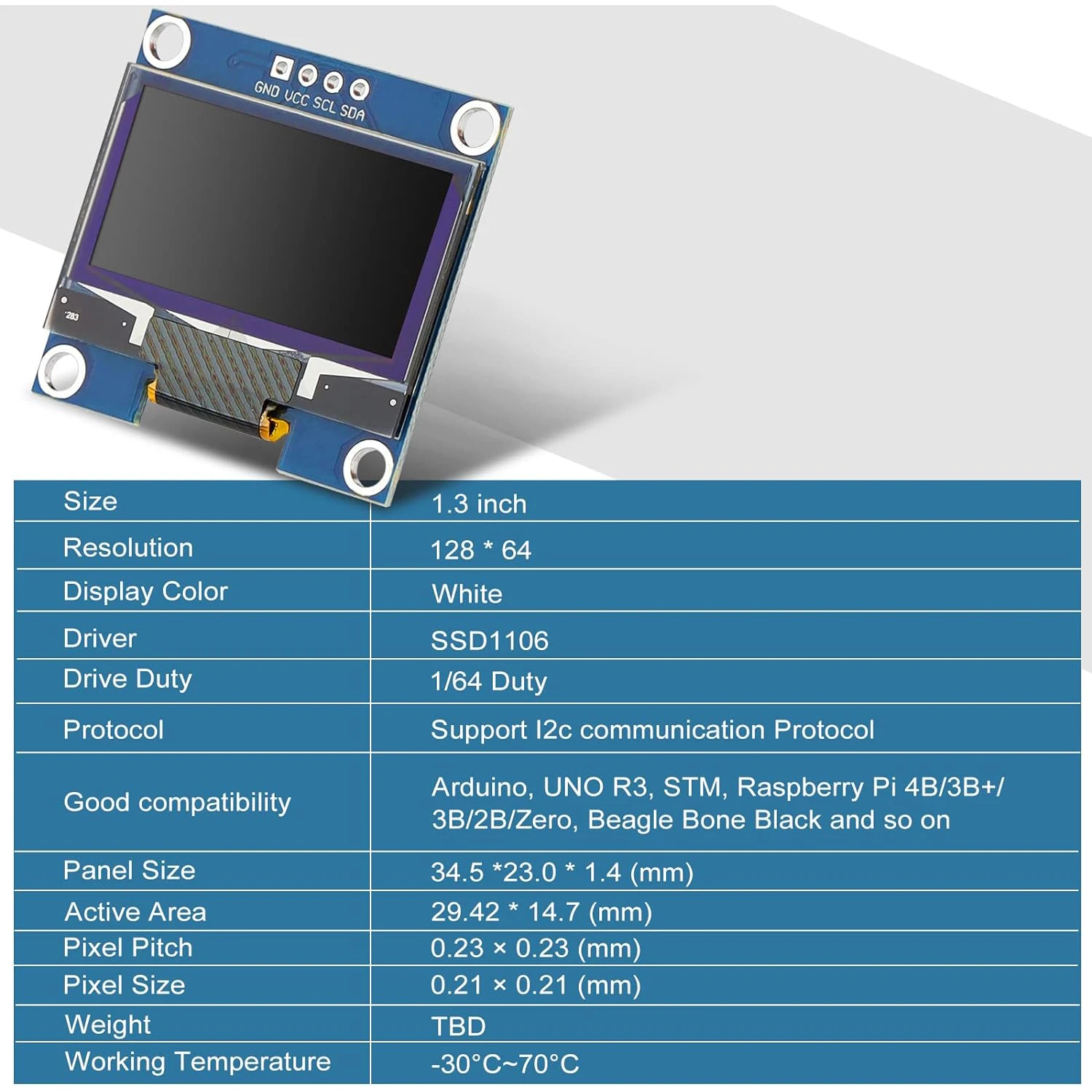 5 Display OLED 1.3'' SSH1106 128x64 Pixel Con Interfaccia I2C - Compatibile Con Arduino E Raspberry Pi