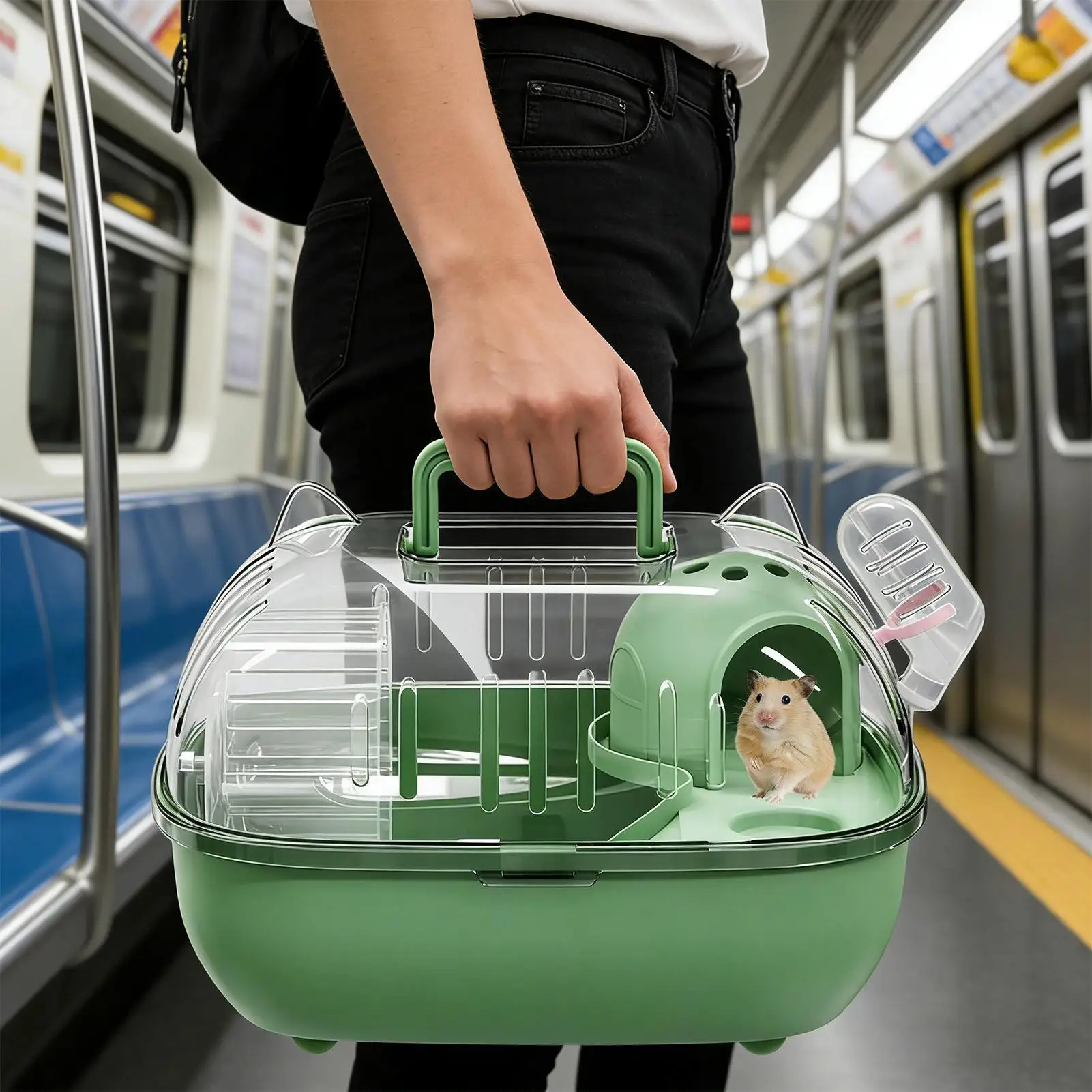 Borsa da trasporto per criceti a doppio strato con copertura trasparente, gabbia da viaggio per criceti, conigli, roditori, lucertole, per trasporto a breve distanza - immagine 2
