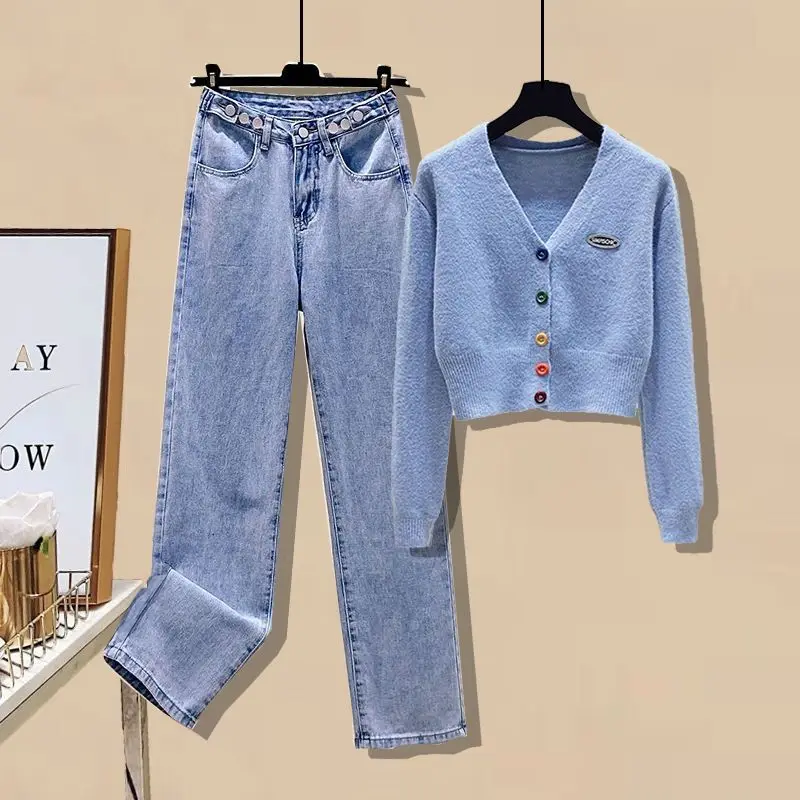 Temperament Women's Set Spring Korean New Sweater Knitwear+High Waist Wide Leg Pants Casual Two Piece Set