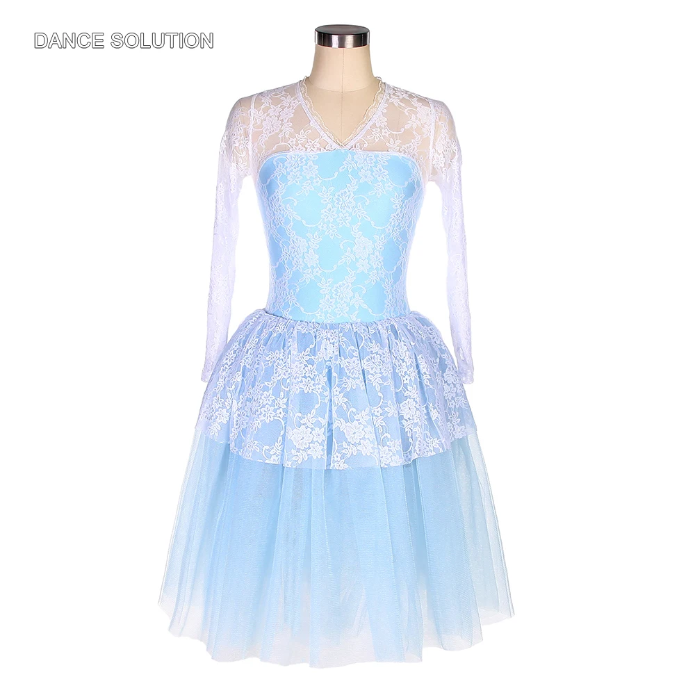 

Sky Blue Ballet Tutu Dress Spandex Bodice Overlay White Lace Long-sleeved Ballet Costumes for Women Girls Stage Dancewears 14132