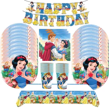 Set per feste di compleanno Biancaneve, tazza, piatto, tovaglioli, tovaglie, cake topper, palloncini, stoviglie usa e getta, forniture per baby shower 1